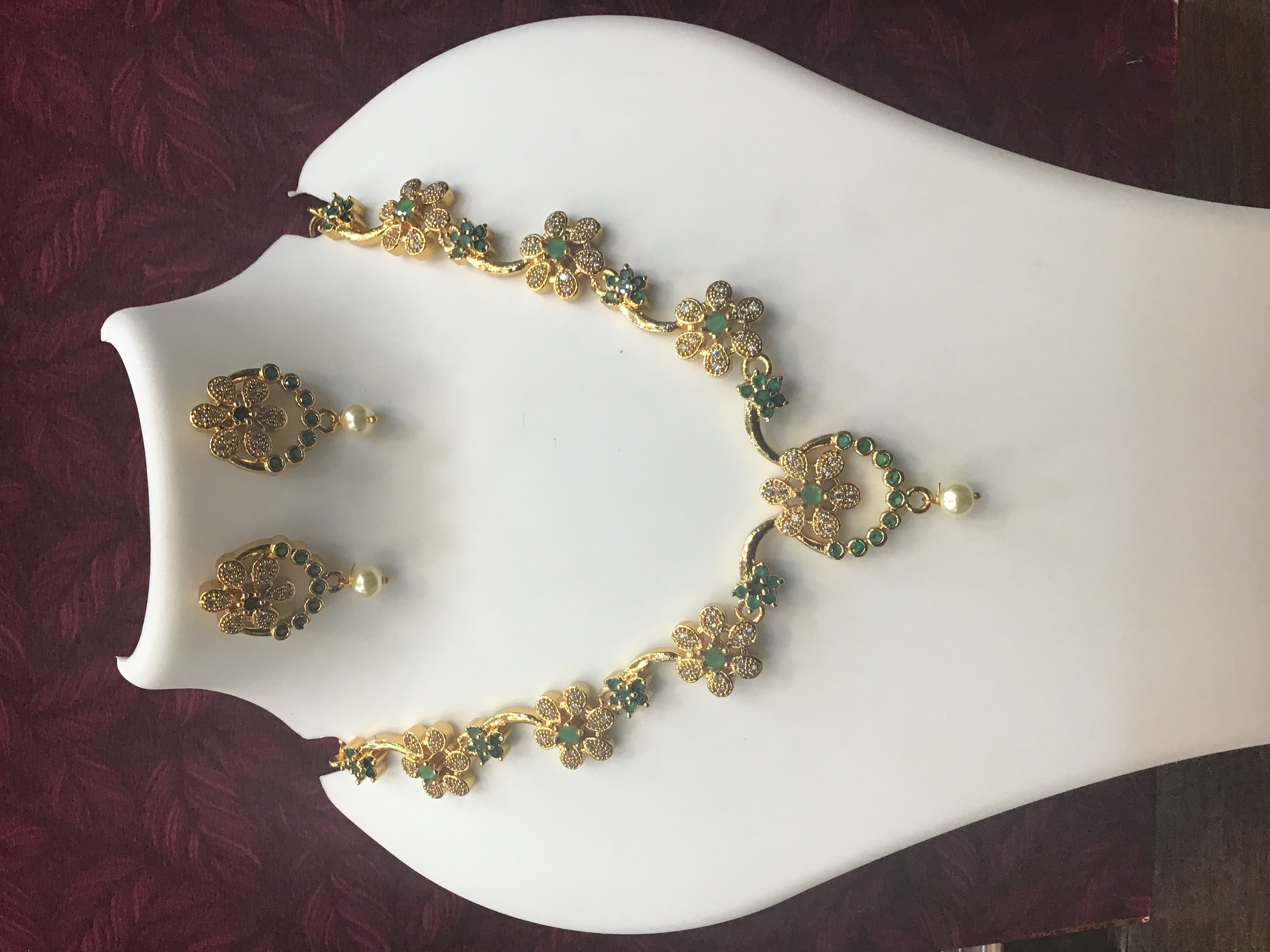 Floral Green Stone Necklace with Earrings 