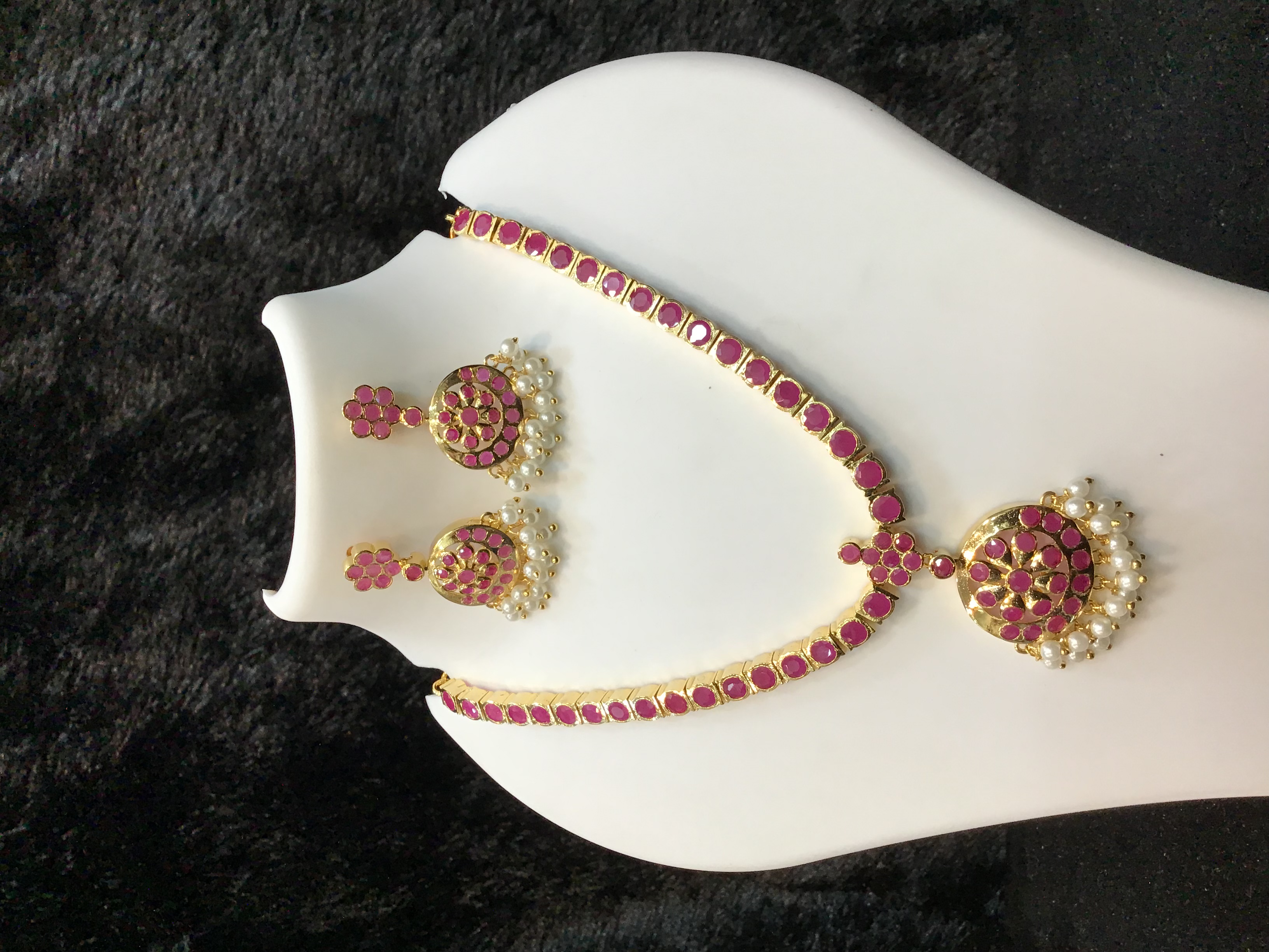Attigai Gold-Plated Necklace & Earring Set with Ruby Red Stones