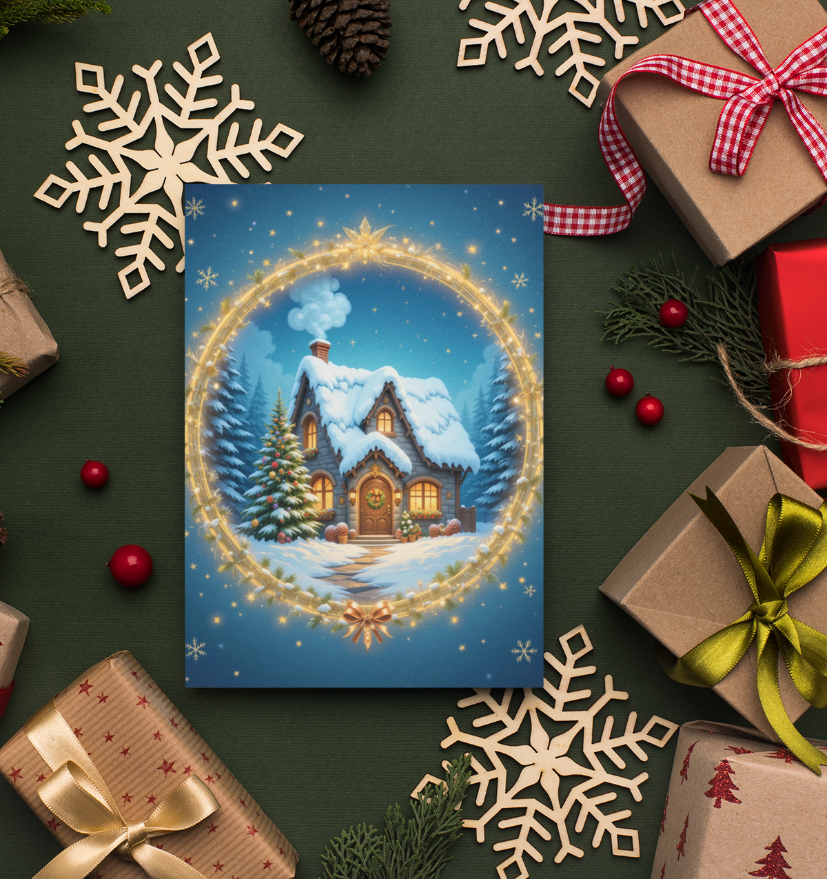Winter Cottage Christmas Card | 5x7 Holiday Greeting | Personalised Message Inside
