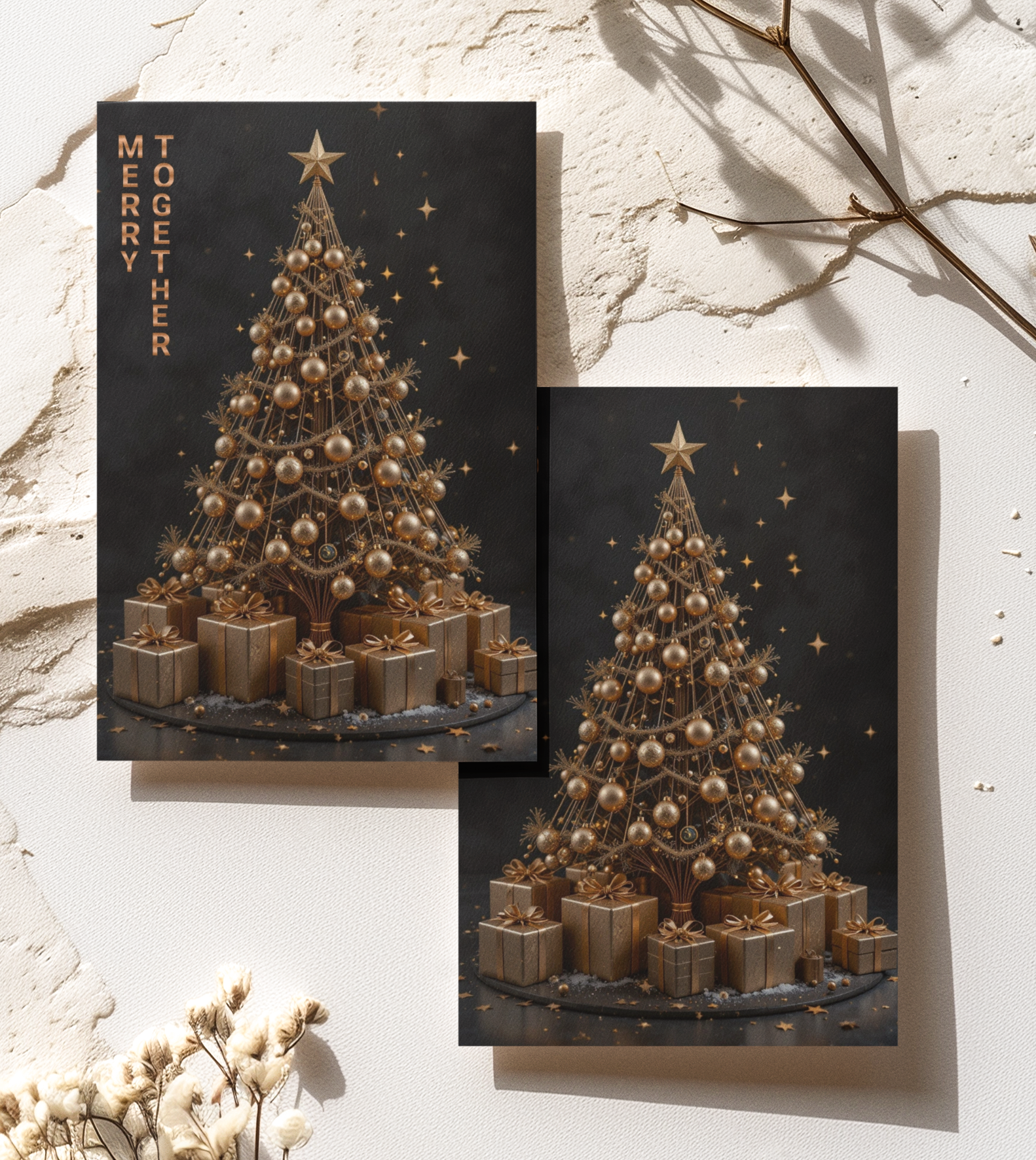 Luxury Bronze Christmas Tree Greeting Card – Elegant 5x7 Holiday Card with Envelope – Festive Metallic Design