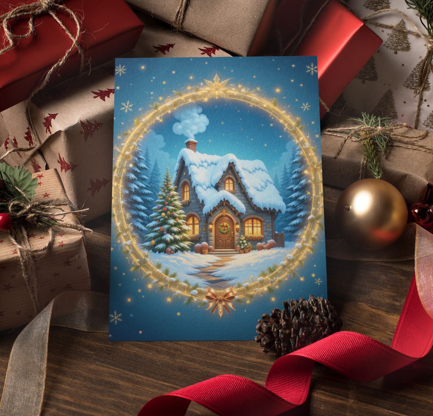 Winter Cottage Christmas Card | 5x7 Holiday Greeting | Personalised Message Inside