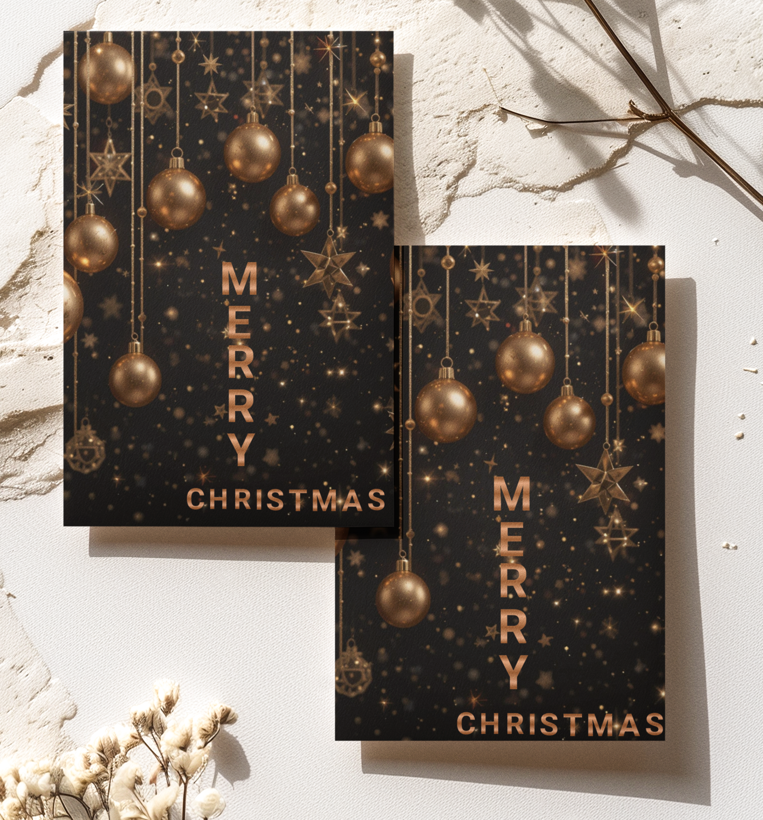 Luxury Bronze Christmas Baubles Greeting Card – Elegant 5x7 Holiday Card with Envelope – Festive Metallic Design
