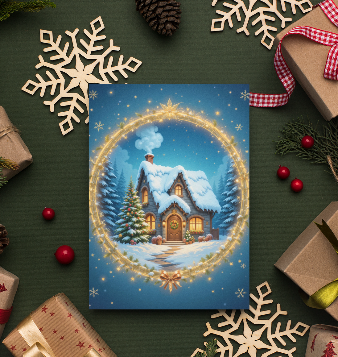 Winter Cottage Christmas Card | 5x7 Holiday Greeting | Personalised Message Inside