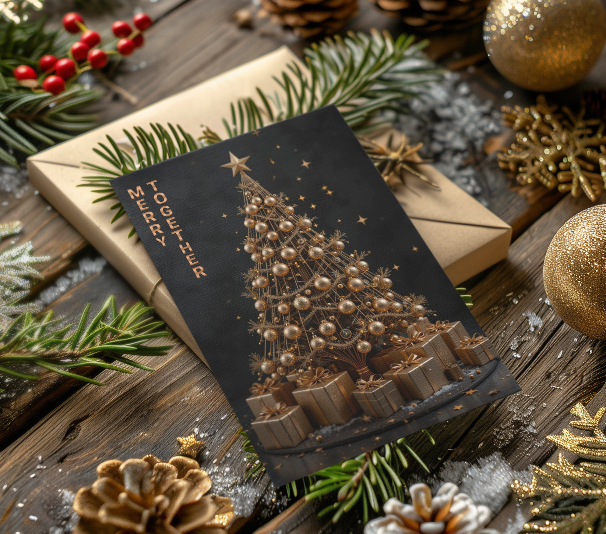 Luxury Bronze Christmas Tree Greeting Card – Elegant 5x7 Holiday Card with Envelope – Festive Metallic Design