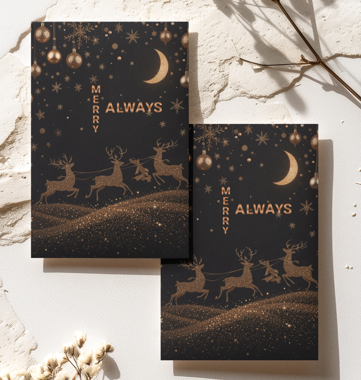 Luxury Bronze Christmas Sky Greeting Card – Elegant 5x7 Holiday Card with Envelope – Festive Metallic Design