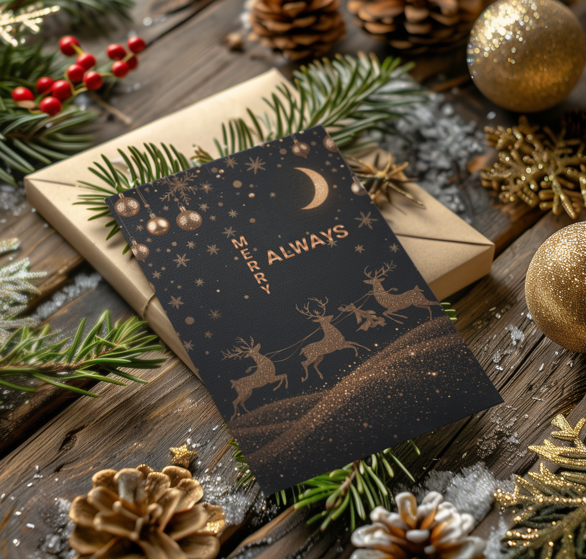 Luxury Bronze Christmas Sky Greeting Card – Elegant 5x7 Holiday Card with Envelope – Festive Metallic Design