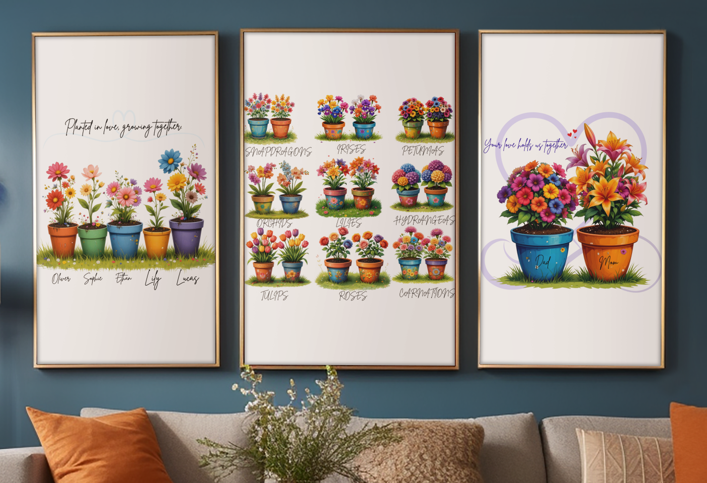 Personalised Family Flower Pot Print Custom Framed Artwork for Kids, Parents & Grandparents Unique Christmas Gift