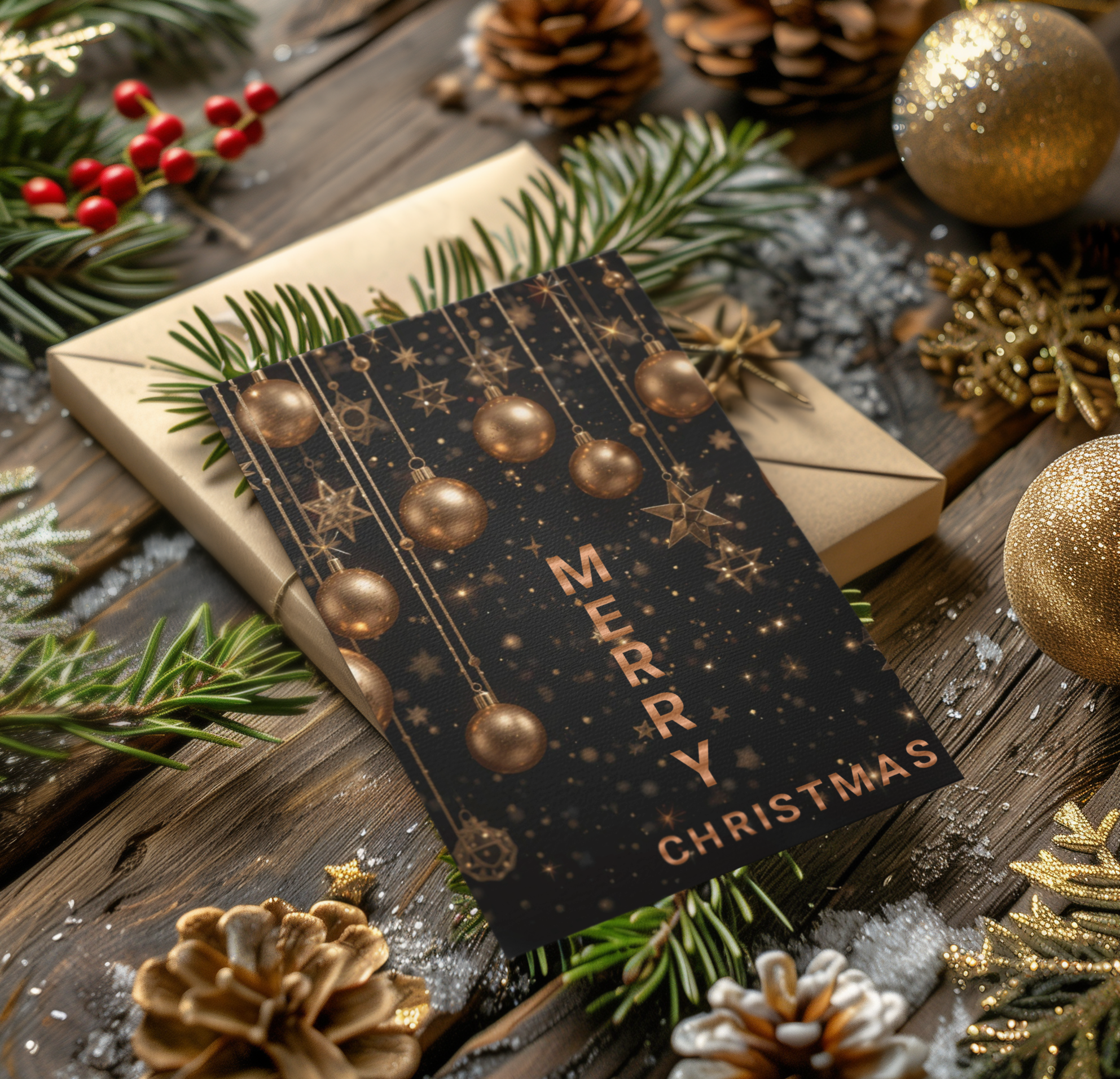 Luxury Bronze Christmas Baubles Greeting Card – Elegant 5x7 Holiday Card with Envelope – Festive Metallic Design