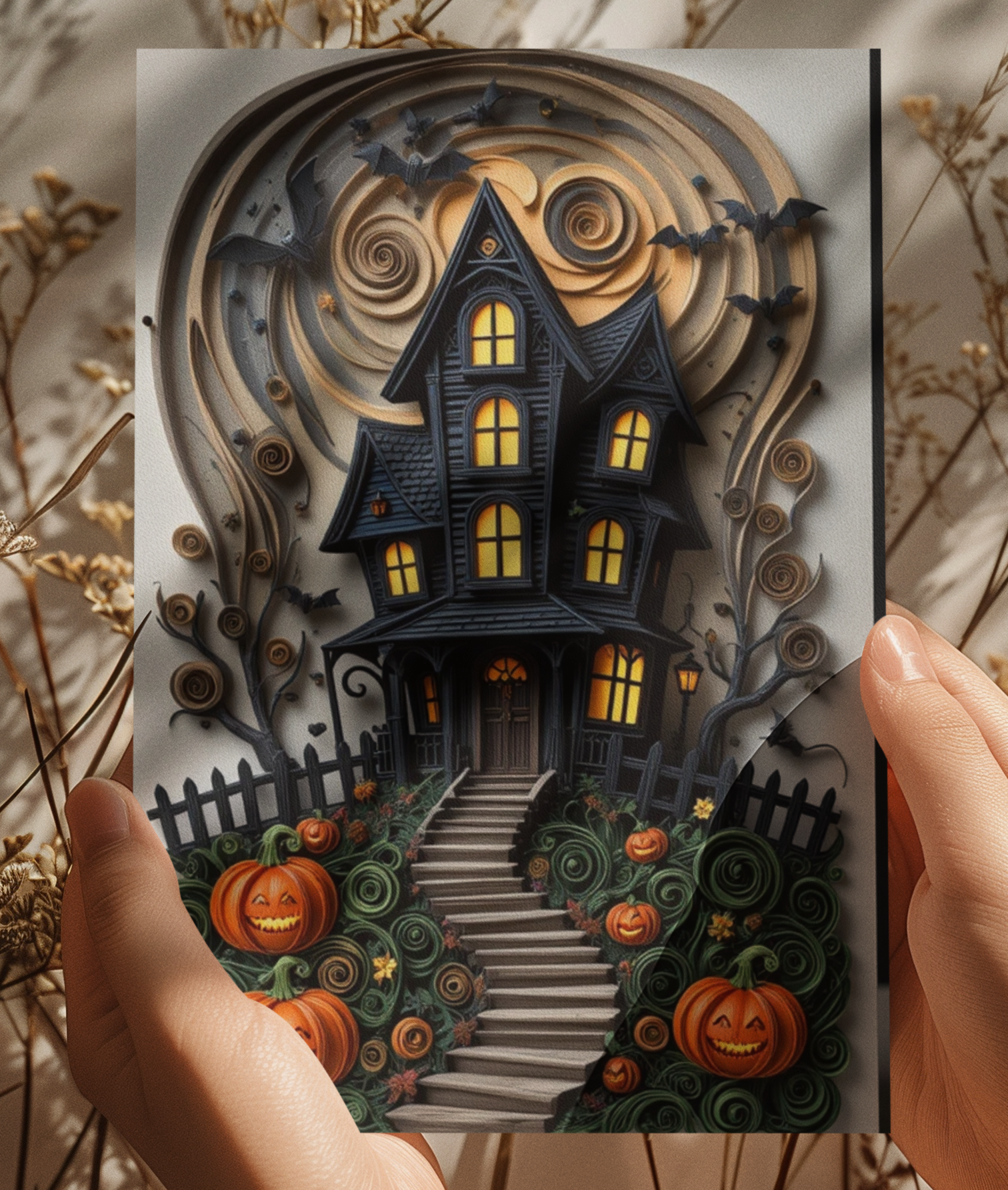 Halloween Greeting Card: 3D Quilling Style, Eco-Friendly Seasonal card (5x7)