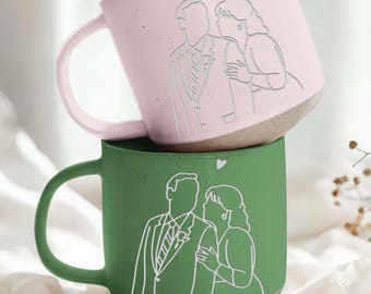 Custom Line Drawing from Photo, Engraved Pottery Mug, Couple Coffee Mug,Anniversary Gift, Birthday Gift for Boyfriend,Him, Couple Line Art