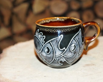 Small ceramic coffee mug 6.5 oz Nautical gift mug cup Handmade engraved and painted fish mug pottery Fish lovers gift Aquarium angelfish mug