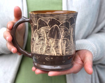 Ceramic Large  Mug  15oz, Handcrafted Teacup With Mushrooms and Forest Illustration Eco-friendly Gift Pottery Terracotta Autumn Mug