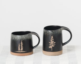 Pine Tree Coffee Mug Large Pottery Mug Christams Gifts, Christmas Mug Camping Mug Botanical Mug Tree Coffee Mug Forest Mug Cottagecore Decor