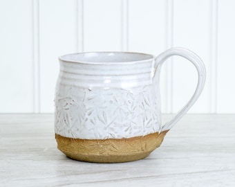 Ceramic Coffee/Tea Mug, Large 16 Fl oz, Dragonfly Texture, Cream, Stoneware Pottery, Handmade Gift
