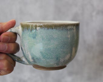 Green Crystals Ceramic Mug, Green Snowy Mug, Ceramic Coffee Mug, 10 oz mug, Modern Pottery, Green Tea Mug