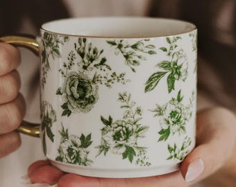 Green Delft Mug - Green Floral Mug, Spring Mug - Floral Pattern Mug, Flower Mug - Gift For Her - Vintage Mug for Home