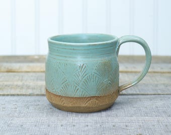Ceramic Coffee/Tea Mug, Large 16 Fl oz, Turquoise Glaze, Fan Scroll Texture, Stoneware Pottery, Wheel Thrown, Soup Mug, Gift