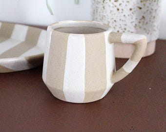 Ceramic Striped Mug Modern Farmhouse Kitchenware Neutral Coffee Cup Boho Chic Drinkware Everyday Tea Cup Minimalist Design Trendy Decor Gift