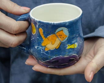 Ceramic mug and bowl Cat  and Fish Astronauts Mug 10 oz ,  Bowl 20oz