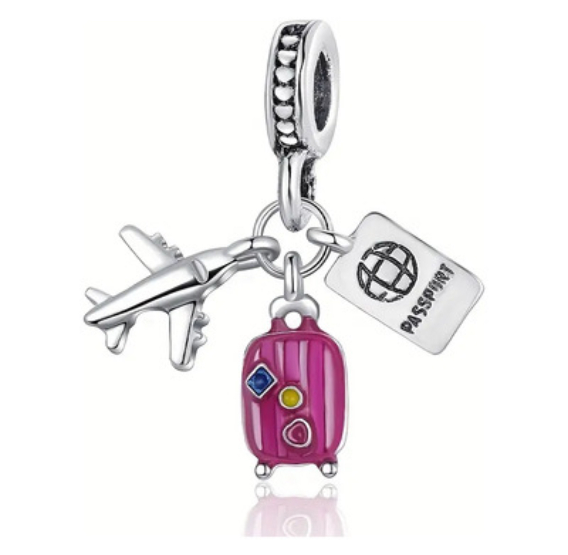 CHARM TRIPLE MALETA PASAPORTE Y AVION ROSA