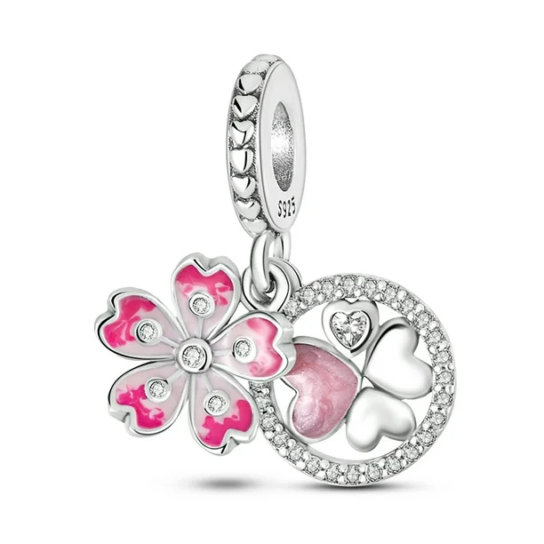 CHARM TRÉBOL Y FLOR ROSA