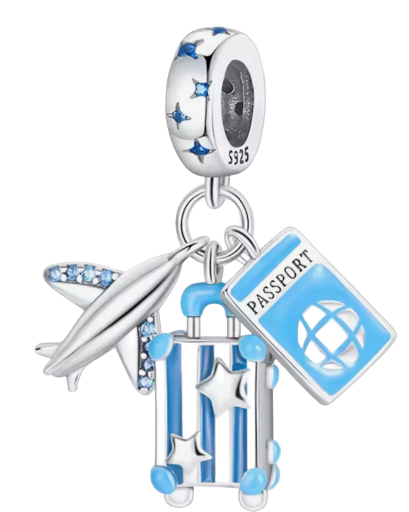 CHARM TRIPLE MALETA PASAPORTE Y AVION AZUL
