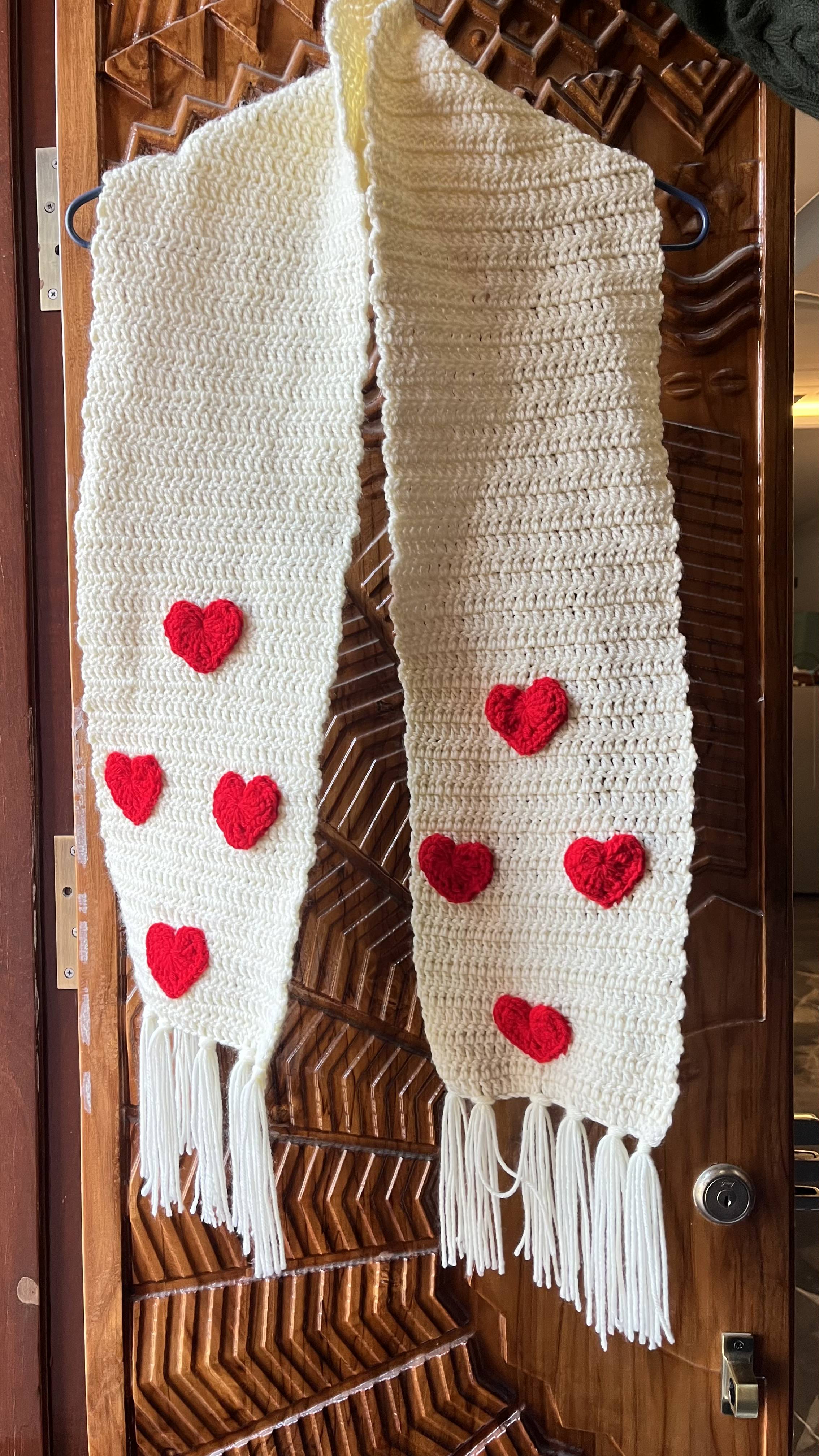 Handmade White Crochet Scarf with Red Heart