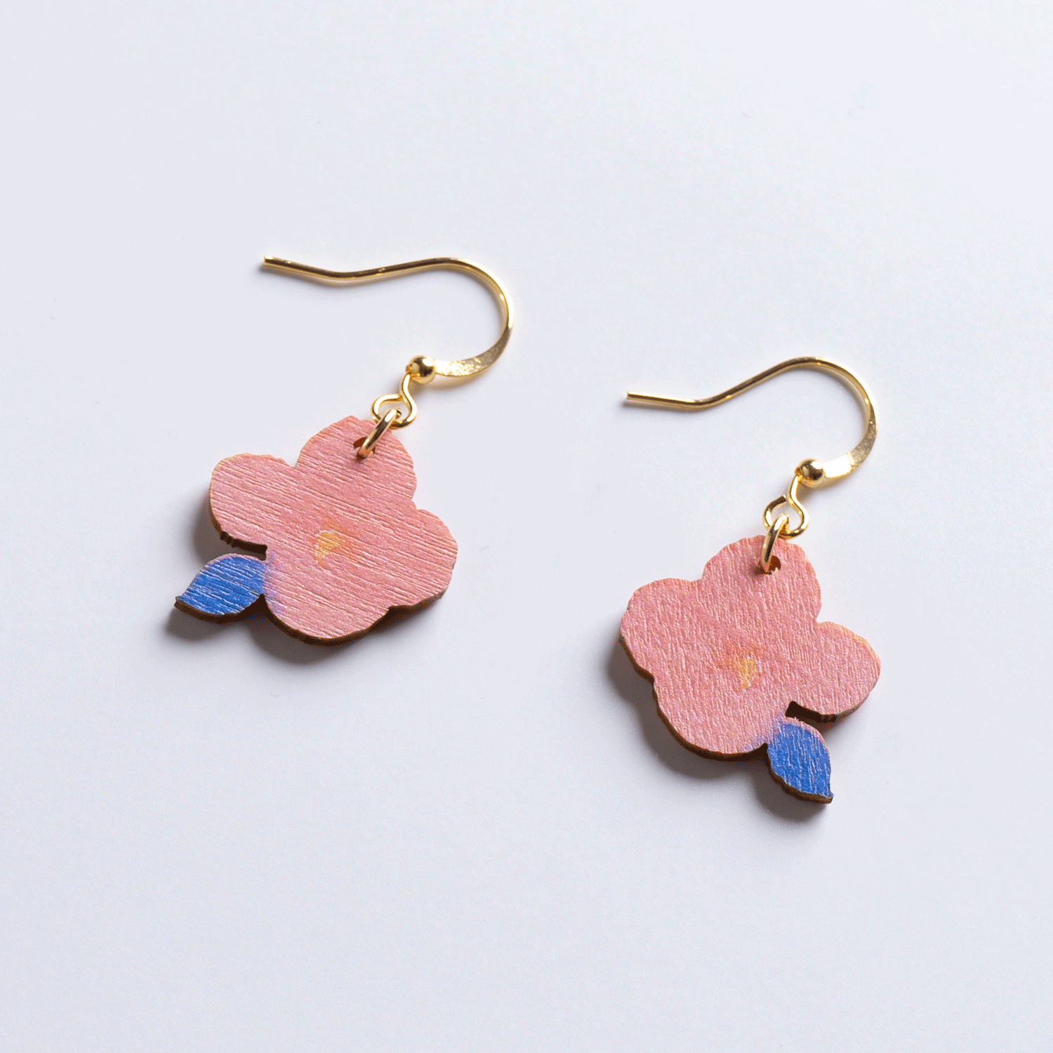 Pink Four Flower Wooden Earrings