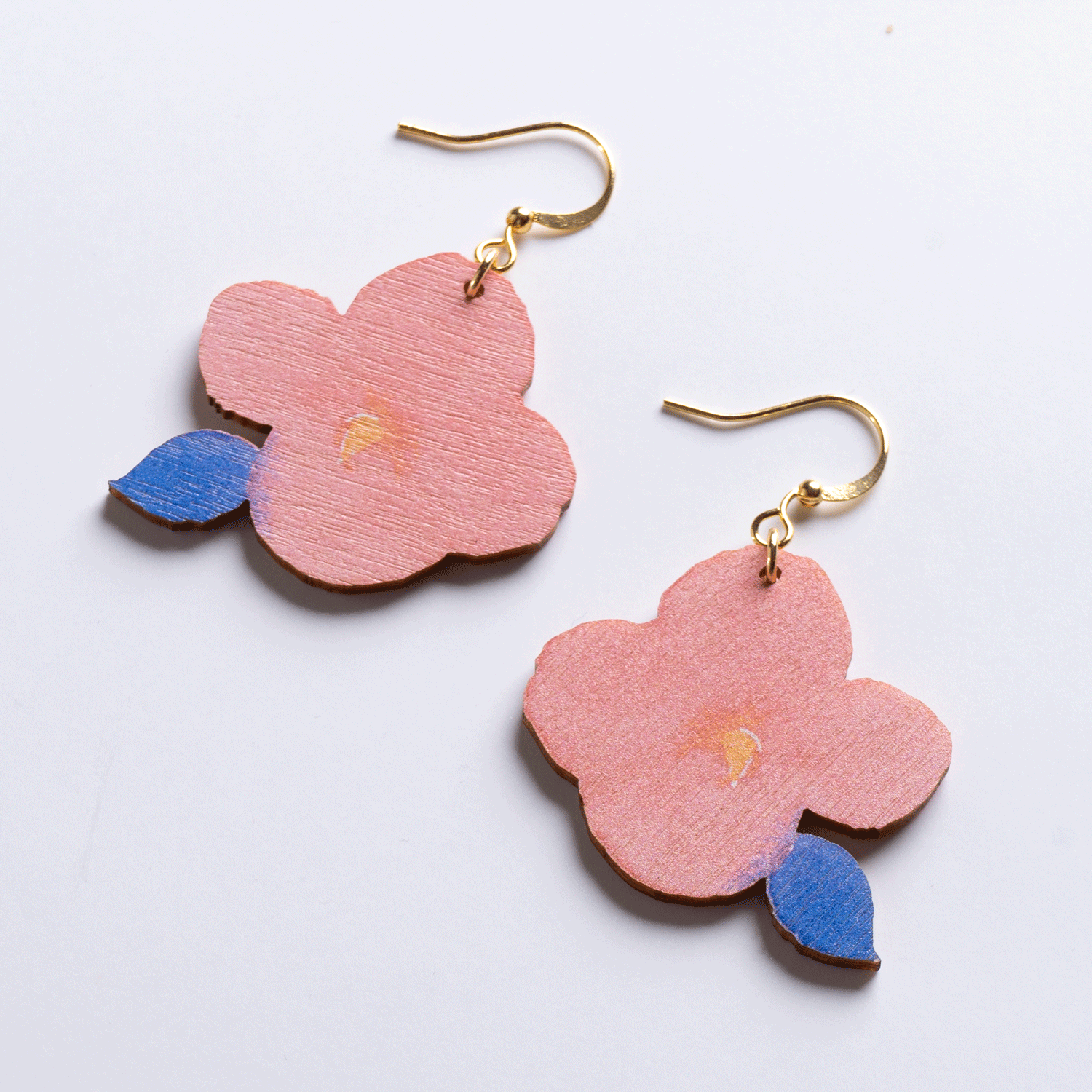 Pink Four Flower Wooden Earrings