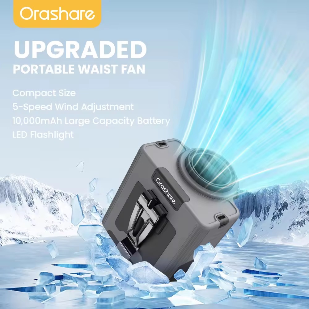 Orashare WF10 Portable Waist Fan with Light 10000mAh Strong Wind 5-Speed Rechargeable Power Bank