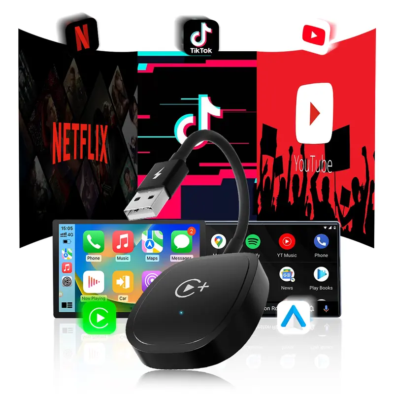 Wireless Carplay Adapter, Koneksyon sa Bluetooth/Wi-Fi, naka-wire sa wireless, tugma sa mga iPhone at Android System