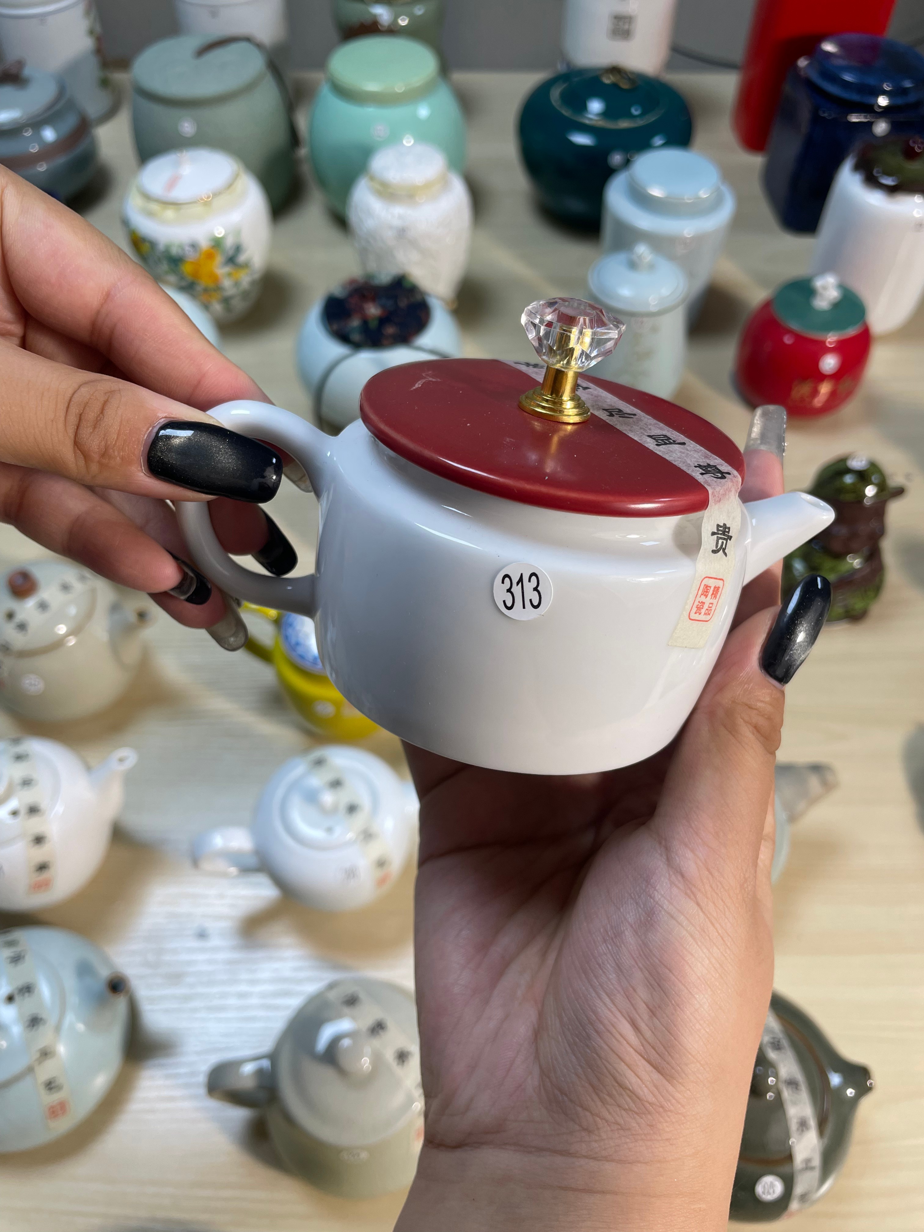 Porcelain Teapot with Red Lid