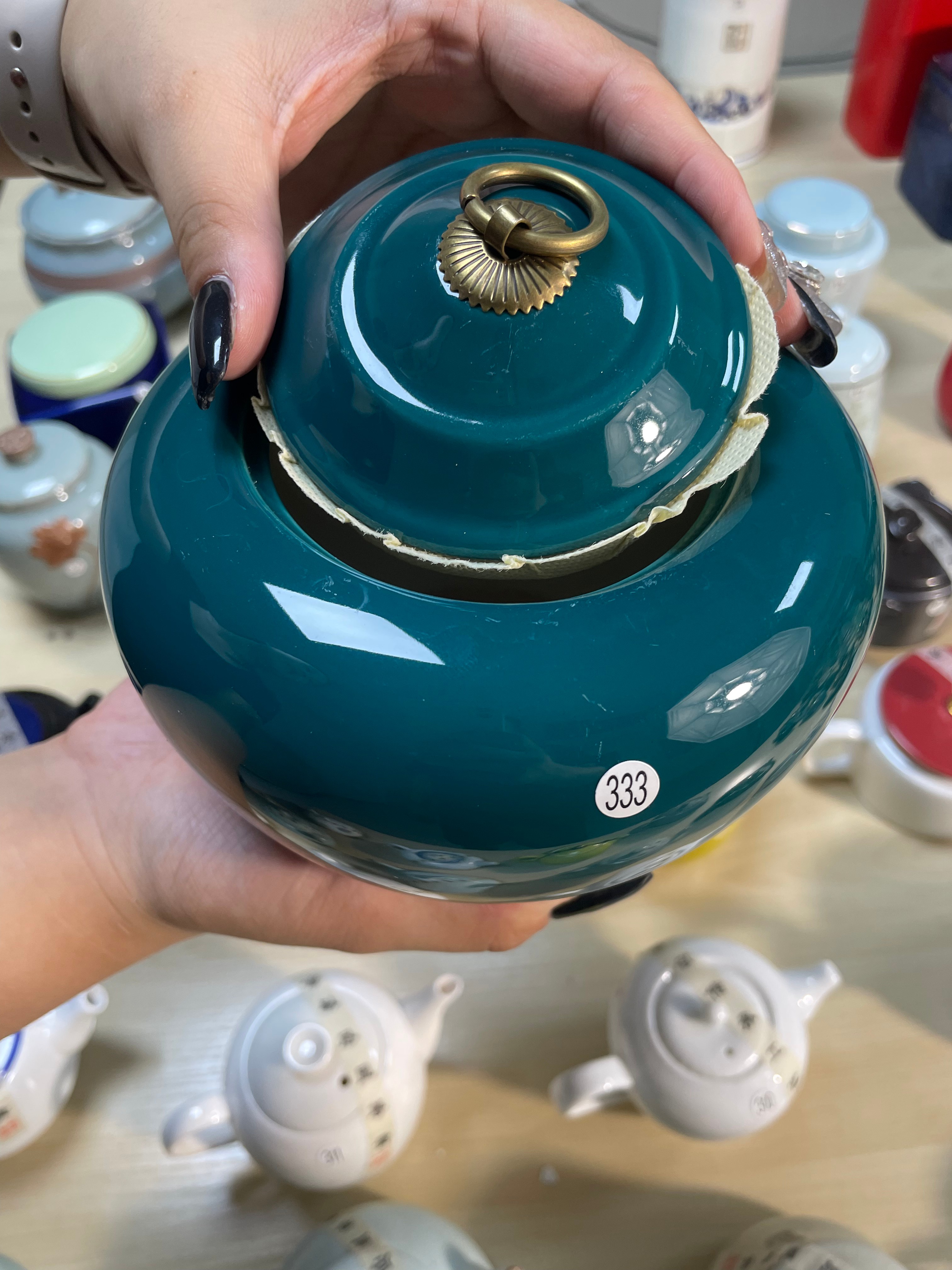 Vintage Teal Ceramic Sugar Bowl