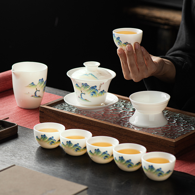 Porcelain Tea Set with Mountain Motif