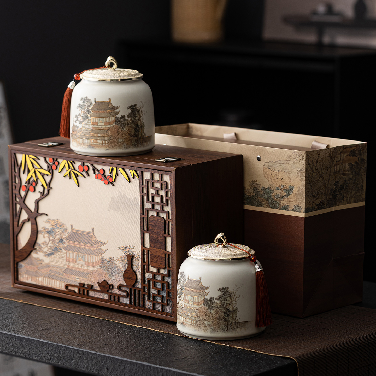 Oriental Tea Set with Decorative Wooden Box
