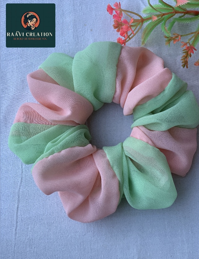 Pastel Green and Pink Hair Scrunchie