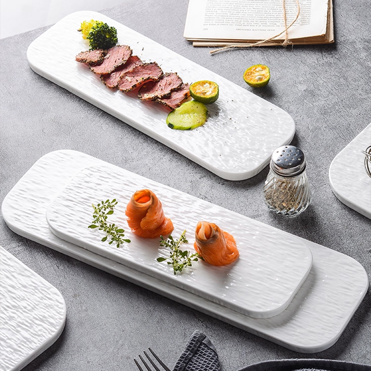 Hive Mind 長角皿 スレートプレート ストーン調 刺身皿 ステーキ皿 陶器製 電子レンジ・食洗機対応 (2枚セット, 25.5cm×10cm)