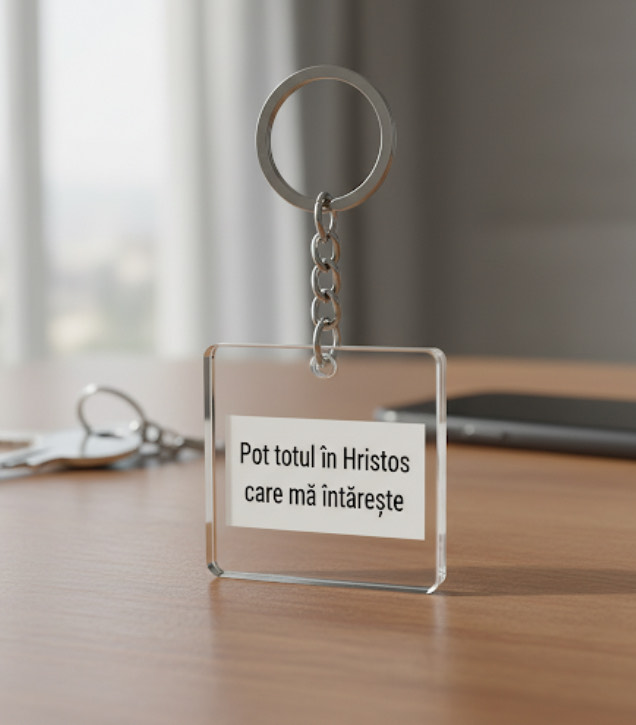 Breloc de chei personalizat cu verset biblic – Pot totul in Hristos
