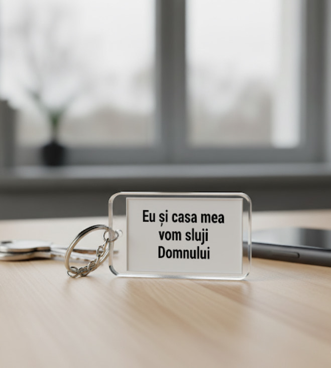 Breloc de chei personalizat cu verset biblic – Eu si casa mea