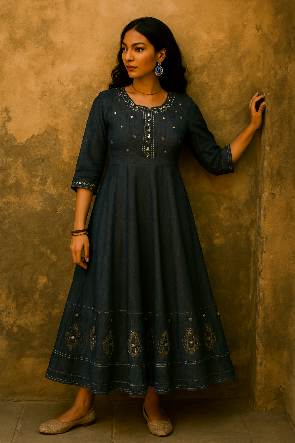 Embroidered Denim Maxi Dress