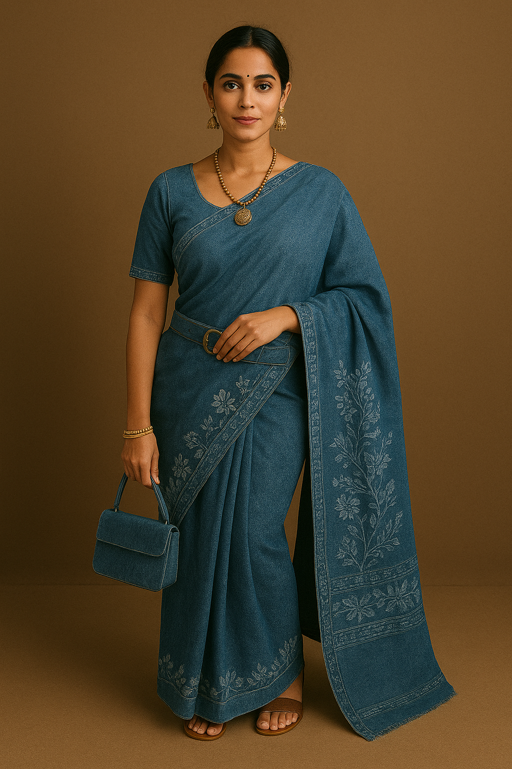 Embroidered Denim Saree