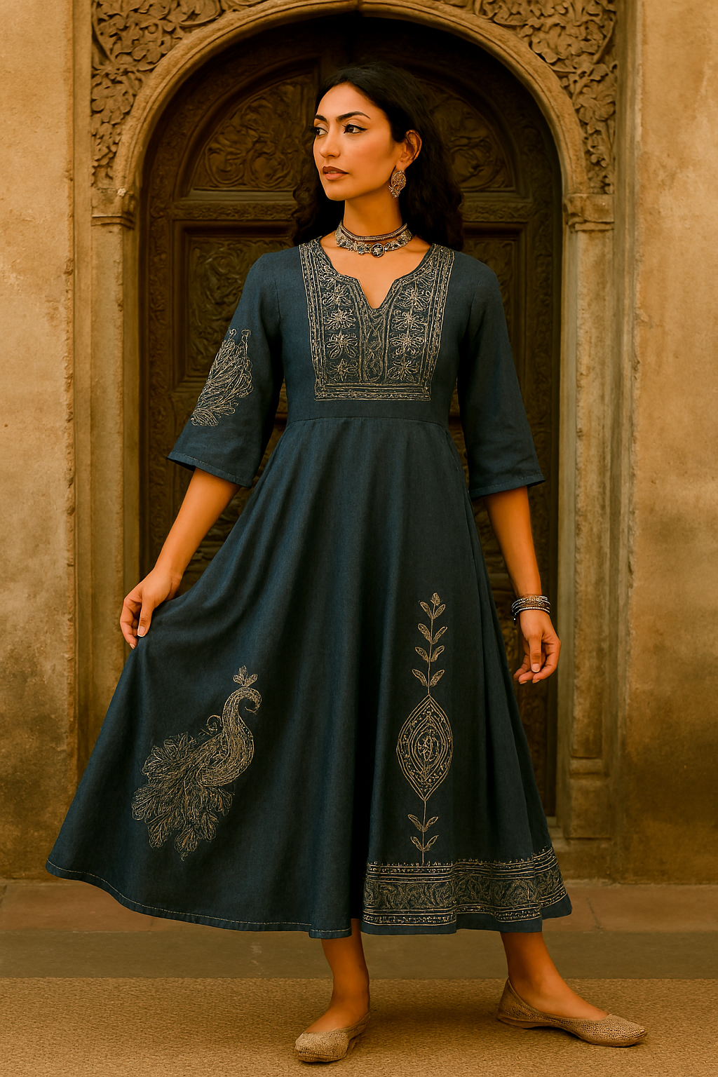 Embroidered Indigo A-Line Dress
