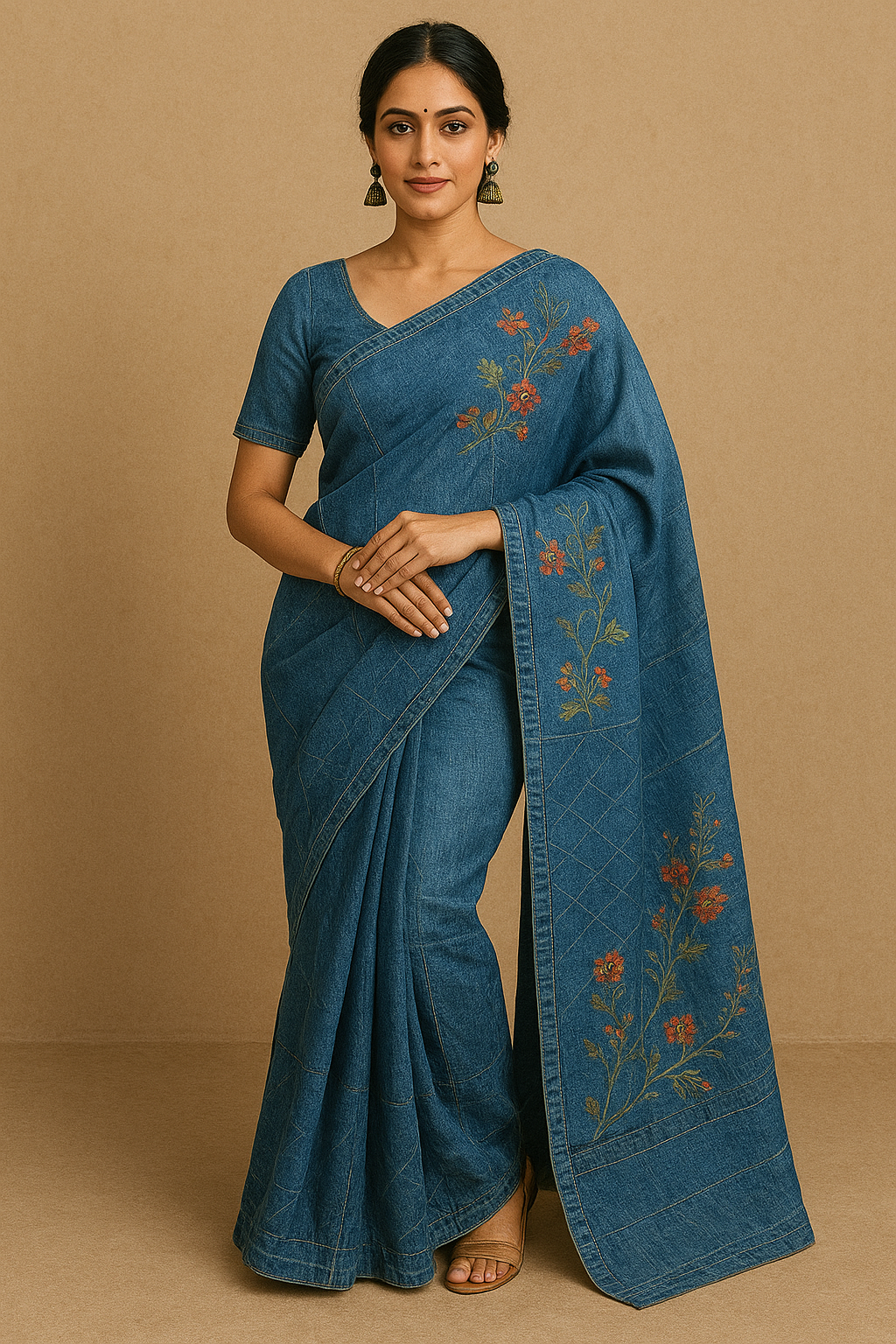 Denim Embroidered Saree