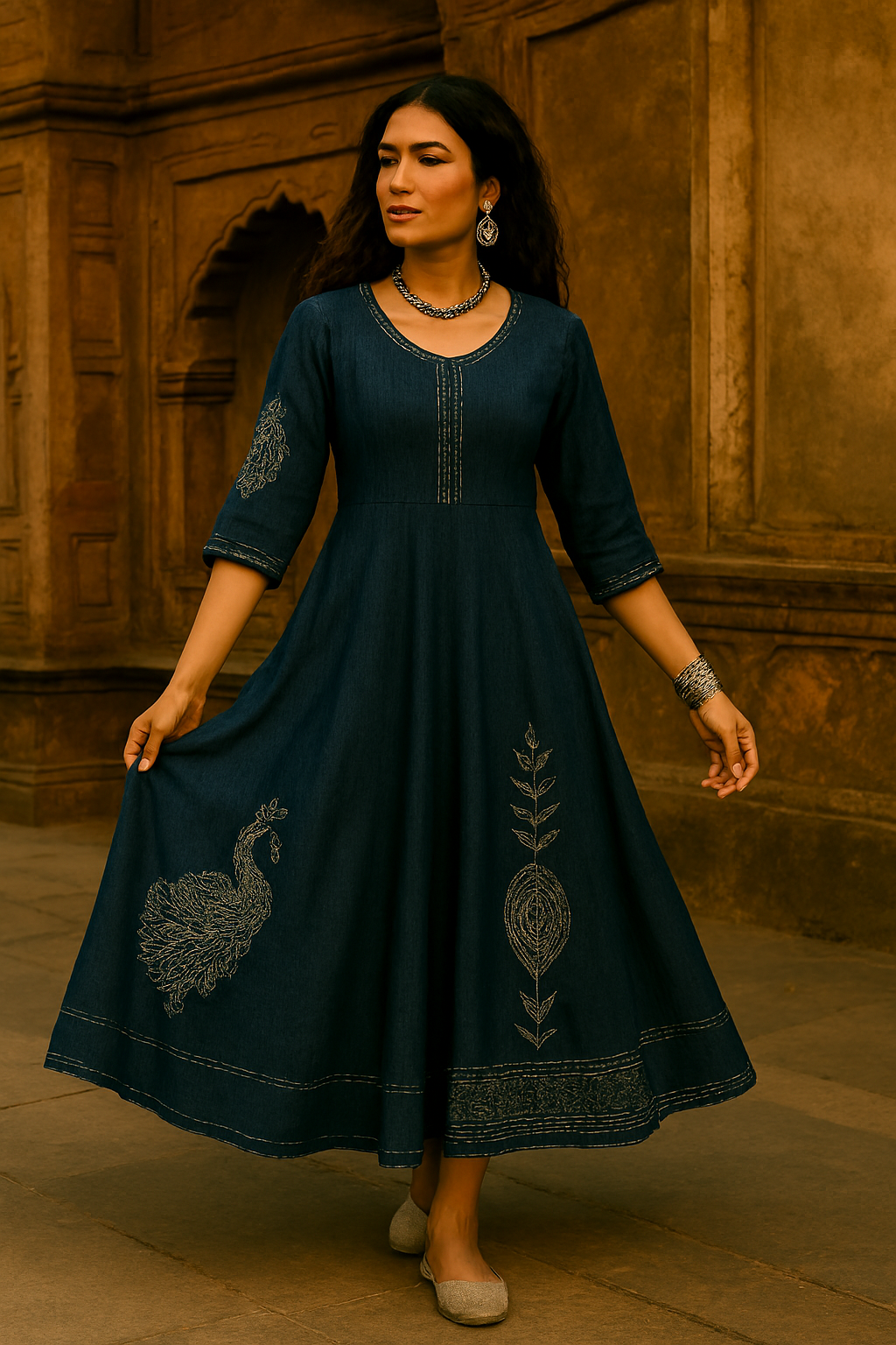 Embroidered Indigo Midi Dress