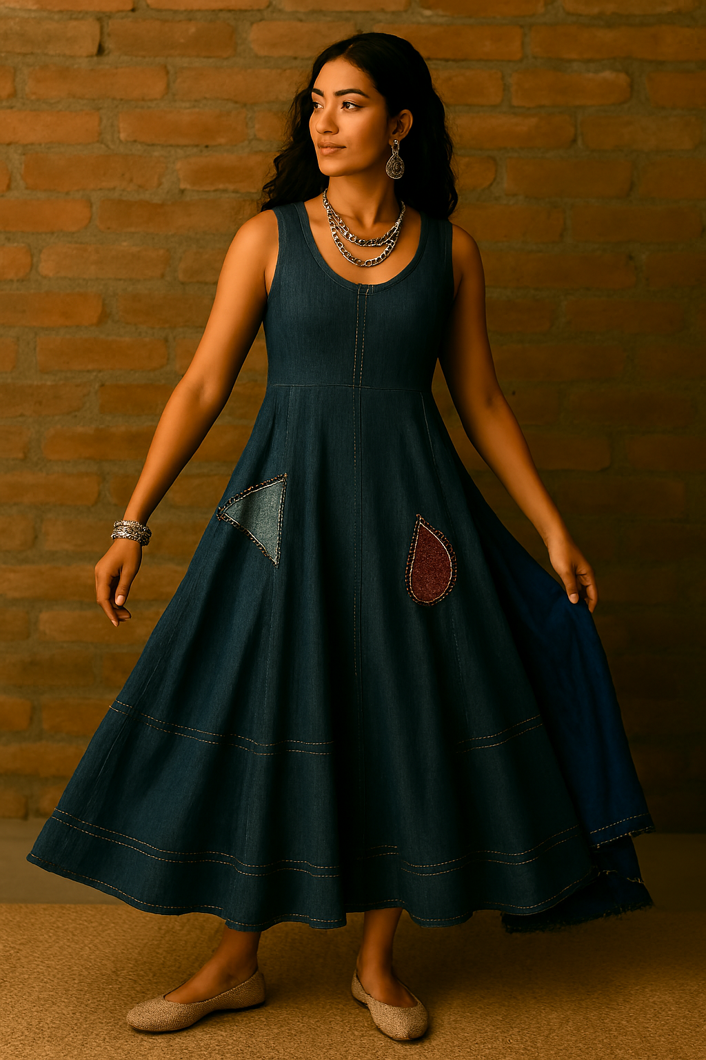 Embroidered Denim Maxi Dress