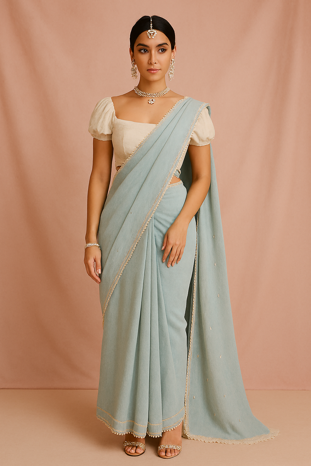 Pastel Blue Embroidered Saree