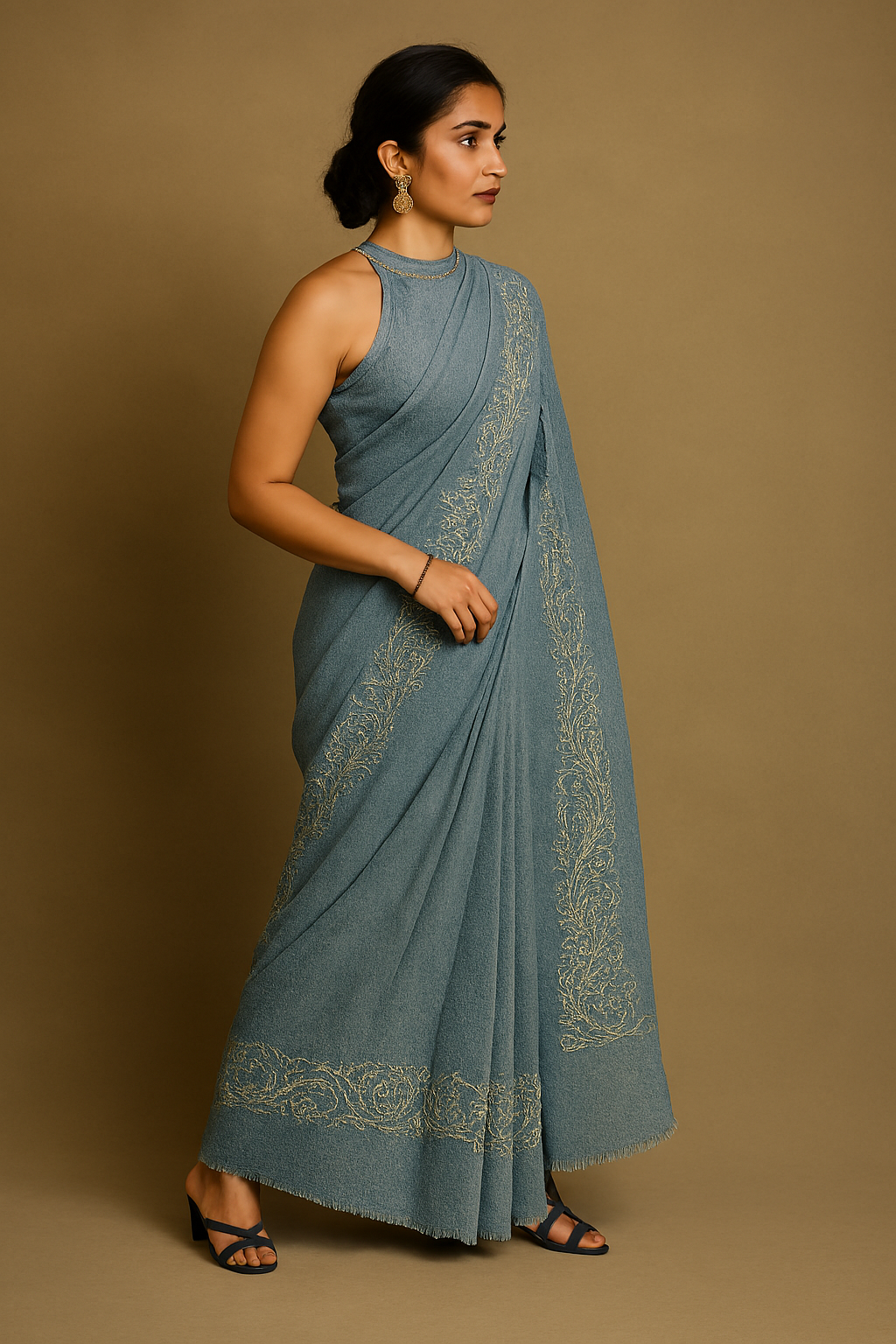 Elegant Denim Blue Embroidered Saree