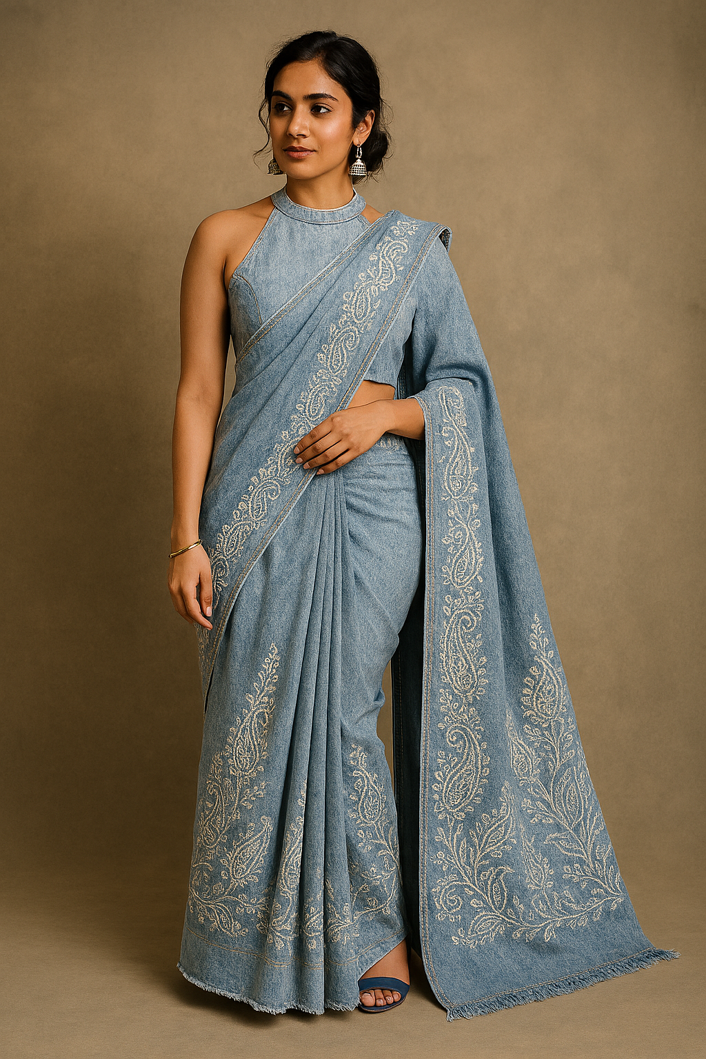 Elegant Denim Blue Embroidered Saree