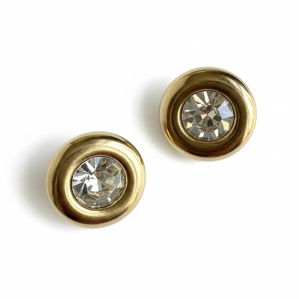 Vintage K.J. Lane Swarovski Stud Earrings: Gold Plated Minimalist Round Pierced Sparkle