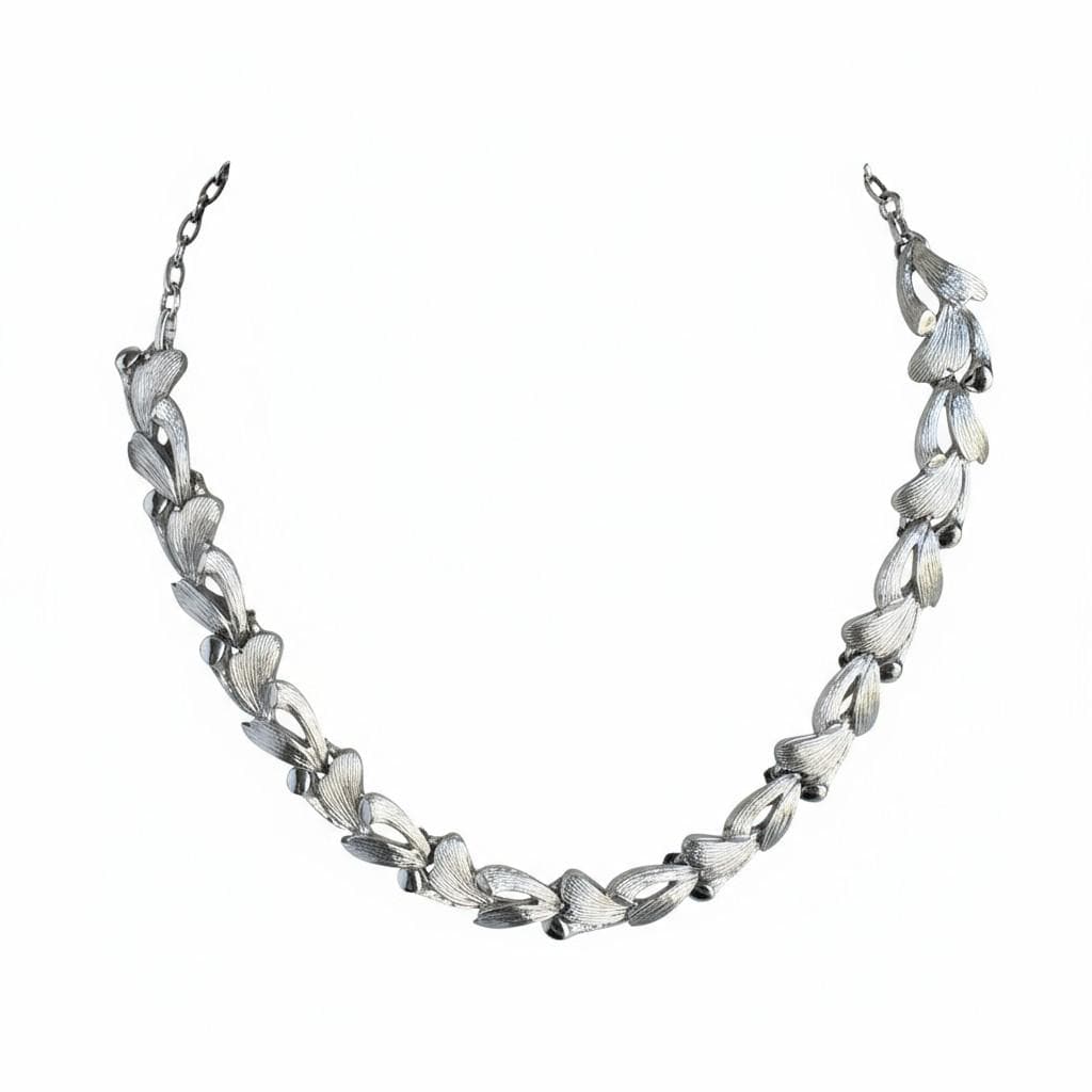 Vintage Corocraft Silver Plated Necklace: Textured Leaf Link Mid-Century Statement Piece